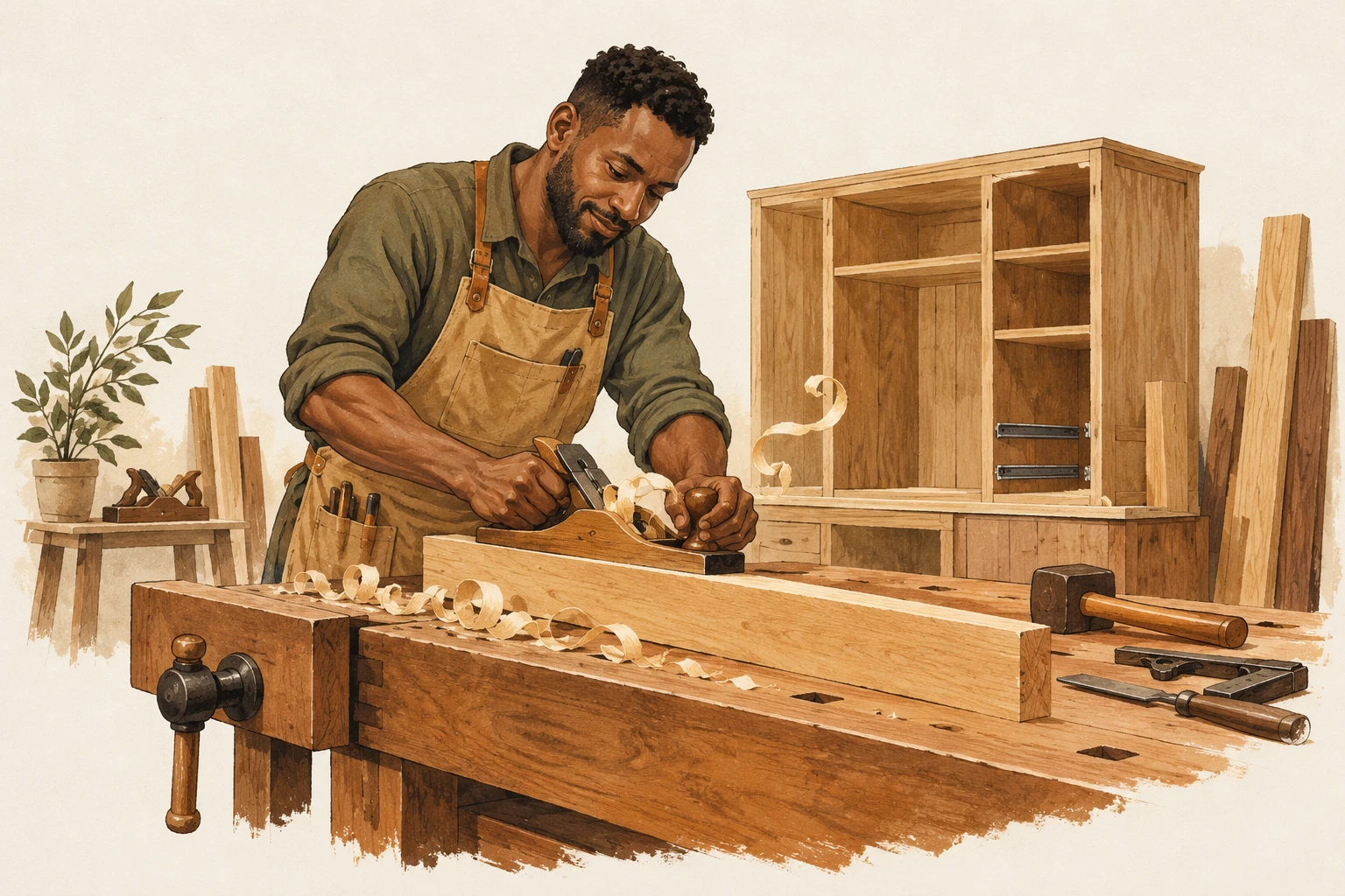 Editorial illustration of a carpenter planing timber at a workbench